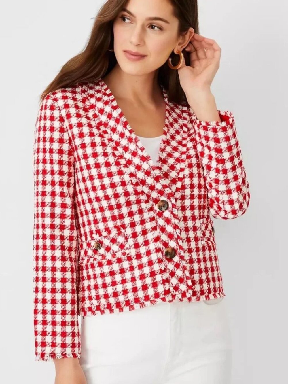 Ann Taylor Gingham Tweed Cardigan Jacket 8